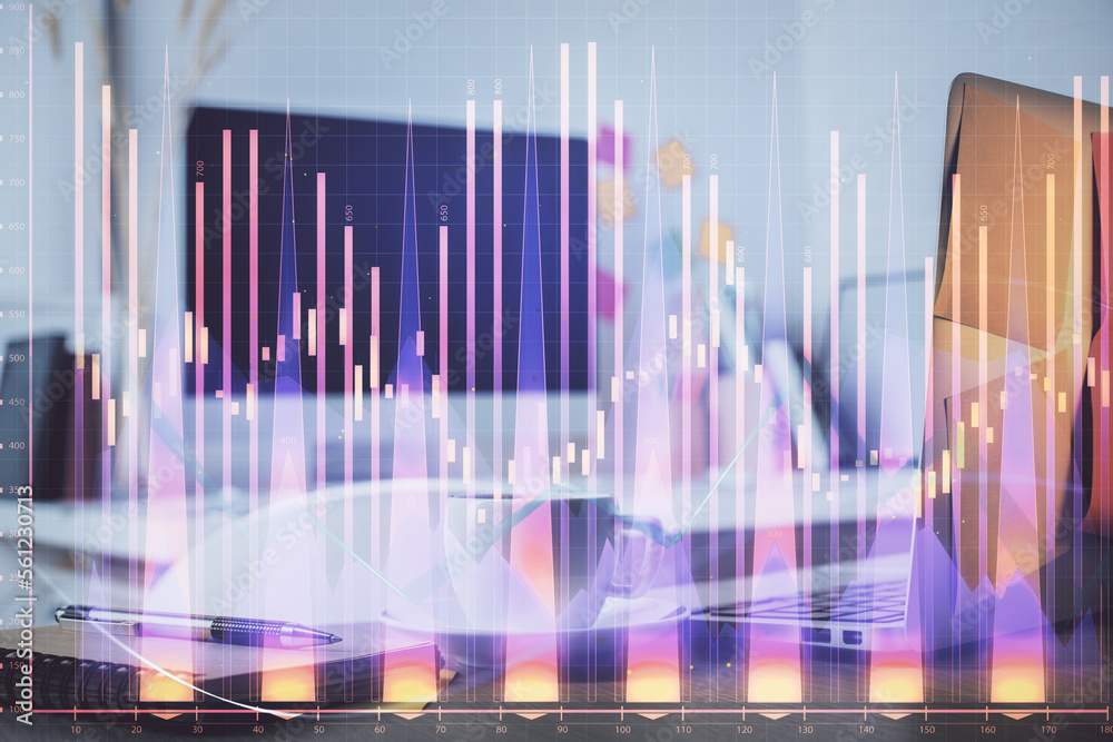 Forex market graph hologram and personal computer on background. Multi exposure. Concept of investment. Forex market graph hologram and personal computer on background. Multi exposure. Concept of investment.