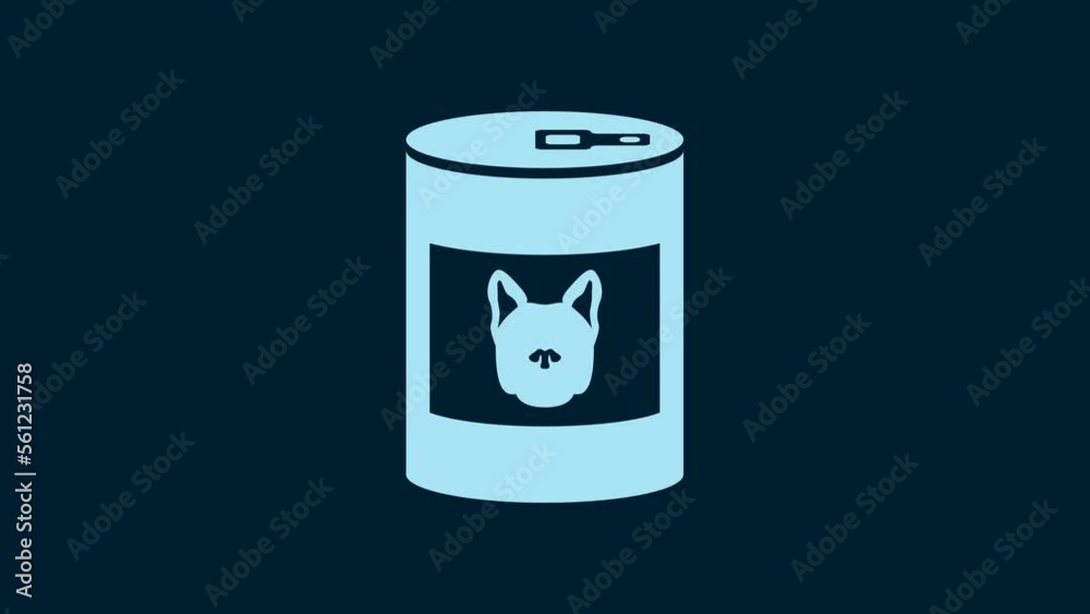 White Canned food for dog icon isolated on blue background. Food for animals. Pet dog food can. 4K Video motion graphic animation White Canned food for dog icon isolated on blue background. Food for animals. Pet dog food can. 4K Video motion graphic animation
