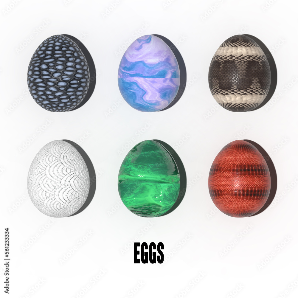 A group of amazing textured 3d easter eggs on white background