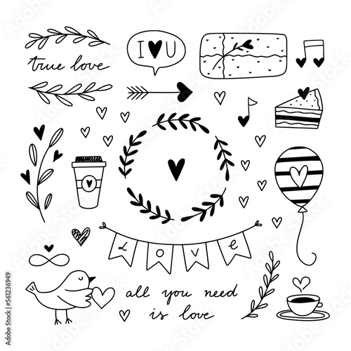 Cute love theme vector illustrations. Hand drawn love doodles