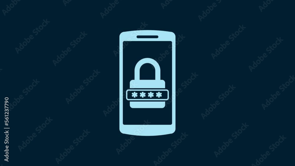 White Mobile phone and password protection icon isolated on blue background. Security, safety, personal access, user authorization, privacy. 4K Video motion graphic animation White Mobile phone and password protection icon isolated on blue background. Security, safety, personal access, user authorization, privacy. 4K Video motion graphic animation