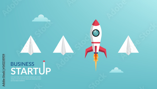 Business startup launching products with rocket symbol. Successful business startup. Creative and unique business idea among paper plane metaphor