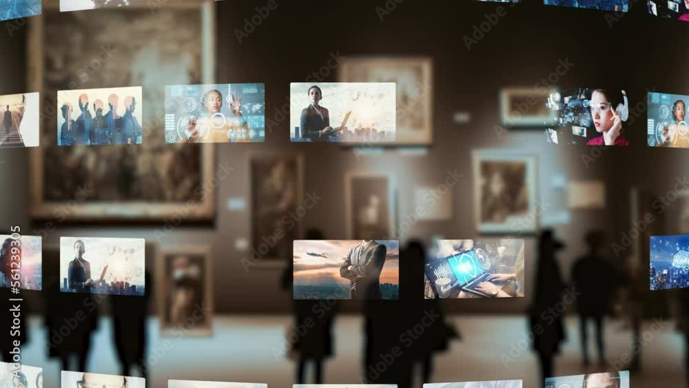 Group of people in virtual museum concept. 