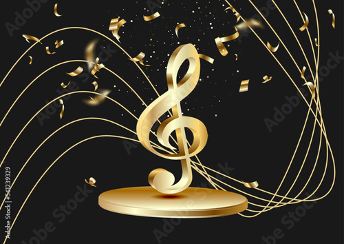 Gold musical notes staff background on black.