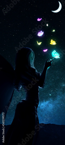 Beautiful woman silhouette with butterfly wings surrounds many butterfly in the dark night, trying to catch butterfly.