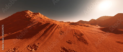 Quadro su tela Mars landscape, 3d render of imaginary mars planet terrain, orange red eroded mars surface, science fiction illustration