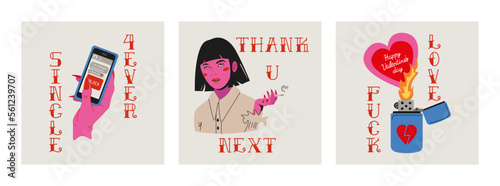 Anti valentines day concept gift card. Cartoon elements and lettering in trendy tattoo style. Vector illustration.