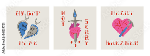 Anti valentines day concept gift card. Cartoon elements and lettering in trendy tattoo style. Vector illustration. photo