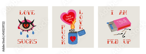 Anti valentines day concept gift card. Cartoon elements and lettering in trendy tattoo style. Vector illustration.