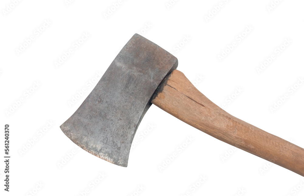 Old rust dirty dark gray ax with brown wooden helve isolated on white background with clipping path in png file format