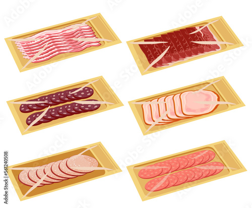 Cartoon meat delicacies trays. Keeping food in polyethylene whole package tray, plastic pack supermarket counter fresh ham, sausage, pastrami, bacon, smoked meat. Vector illustration.