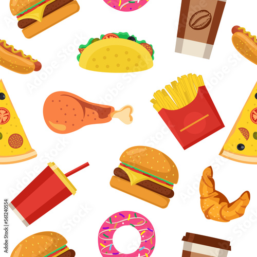 Fast food flat style seamless pattern. Flat minimalist geometric fast food symbol artwork poster with colorful simple shapes. Abstract pattern of junk food. Vector background for your design.