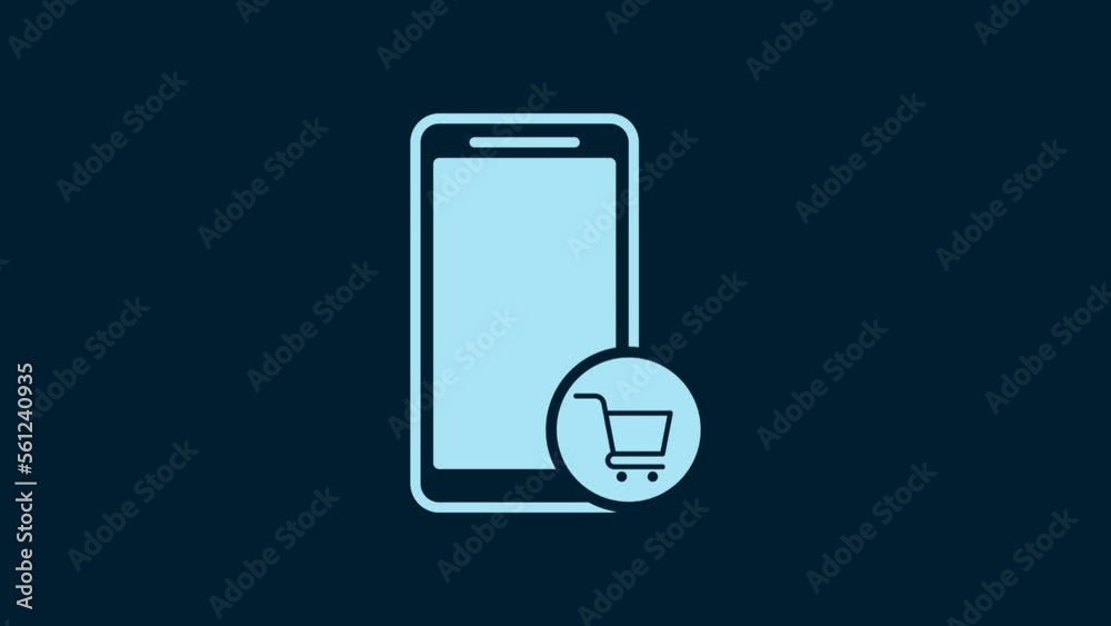 White Mobile phone and shopping cart icon isolated on blue background. Online buying symbol. Supermarket basket symbol. 4K Video motion graphic animation White Mobile phone and shopping cart icon isolated on blue background. Online buying symbol. Supermarket basket symbol. 4K Video motion graphic animation