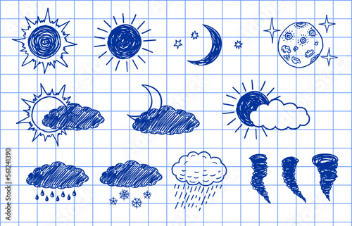 Set of Weather icons. Weathers icons doodle set. Weather vector icons. Weather forecast sign symbols. Weathers signs. Drawn in a notebook. Hand drawn vector illustration