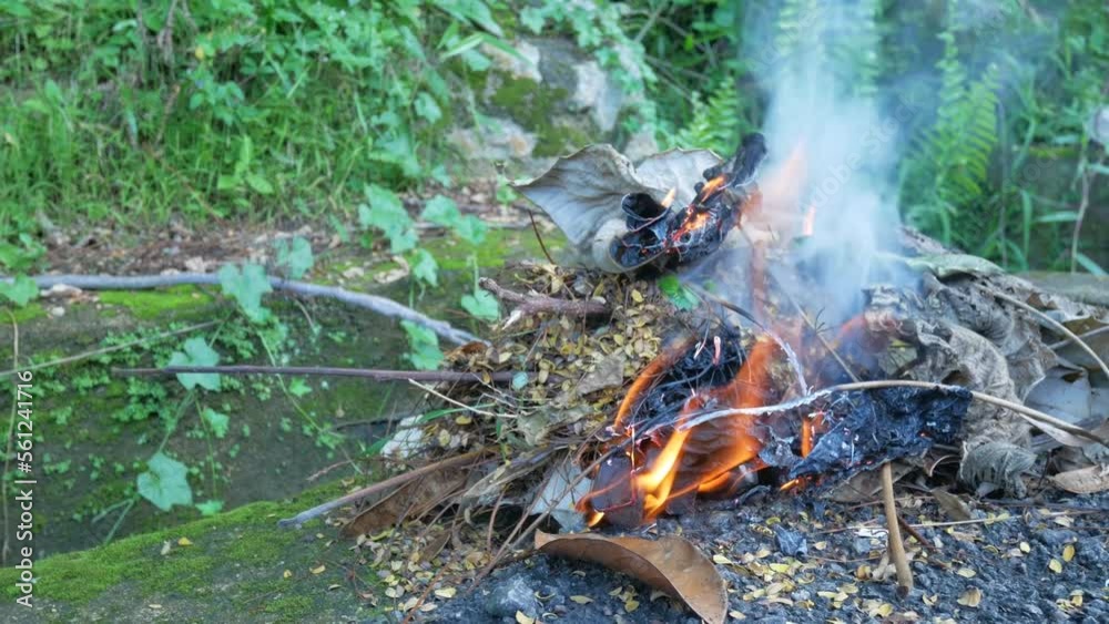 Dry leaves are being burned after finishing sweeping Dry leaves are being burned after finishing sweeping