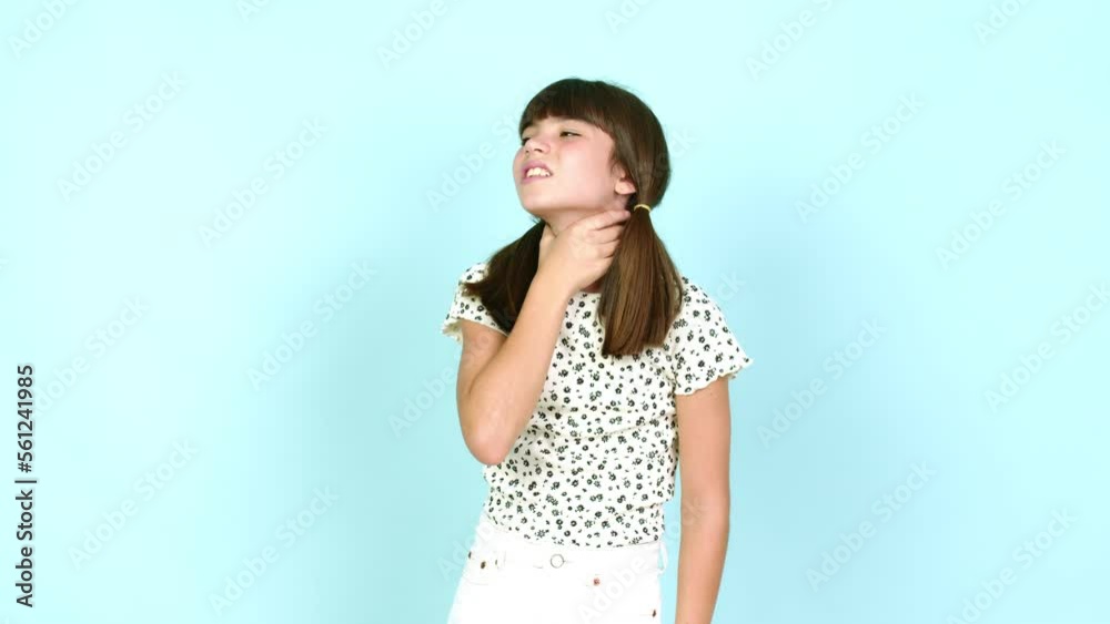 Little girl with sore throat over isolated background Little girl with sore throat over isolated background