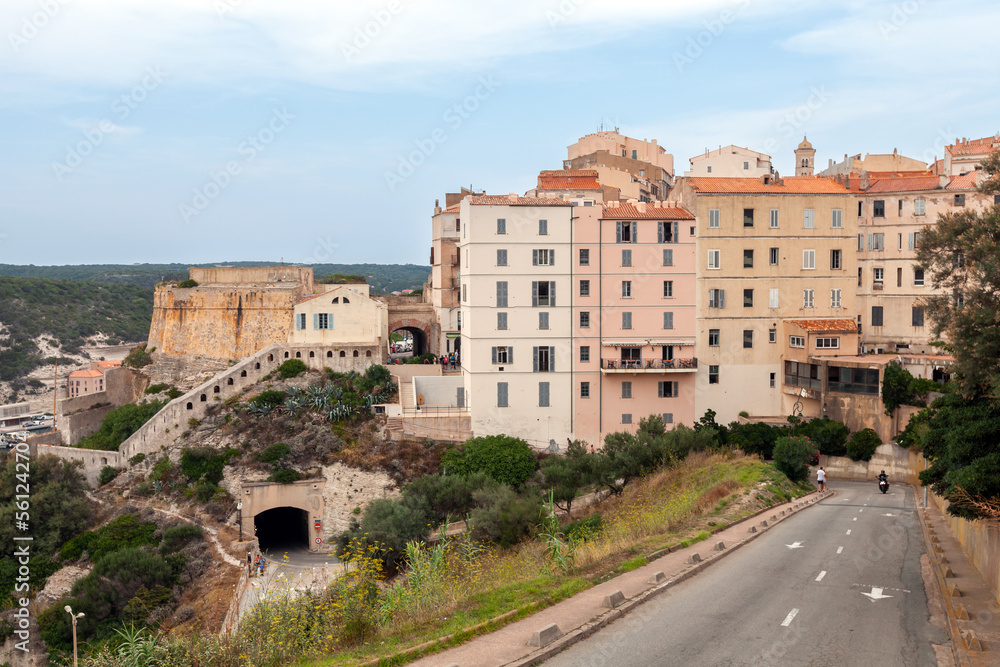 Street view of Bonifacio, Corsica. Old residential houses