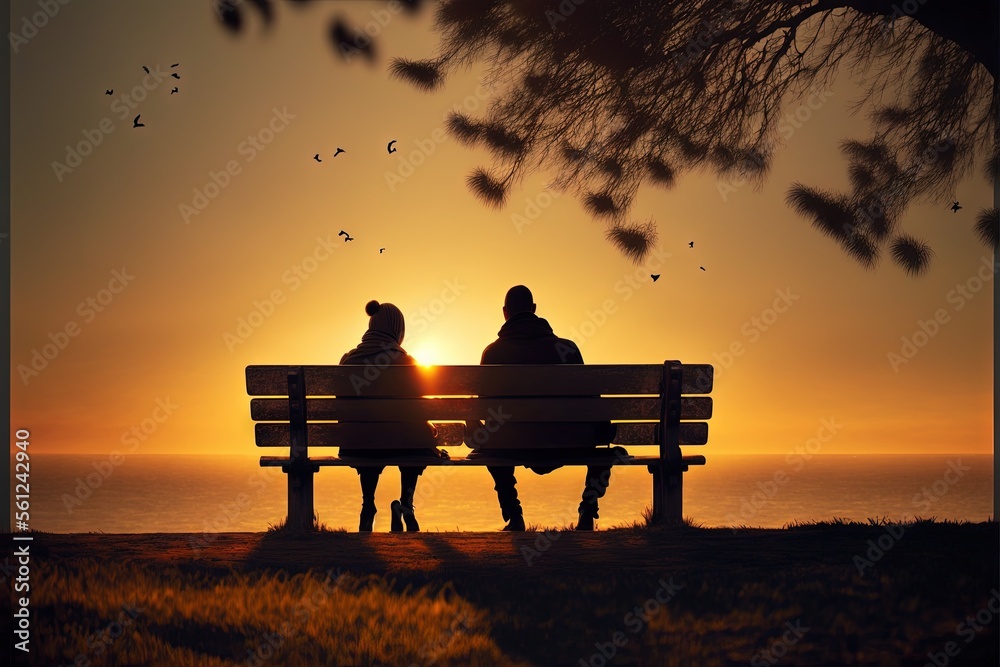 two people sitting on a bench at sunset overlooking the ocean and birds ...