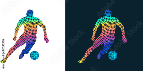 Silhouette of a football player from colored dots. Abstract isolated vector image of a soccer player.