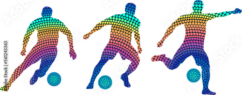 Set of silhouettes of football players from colored dots. Abstract isolated vector image of soccer players.