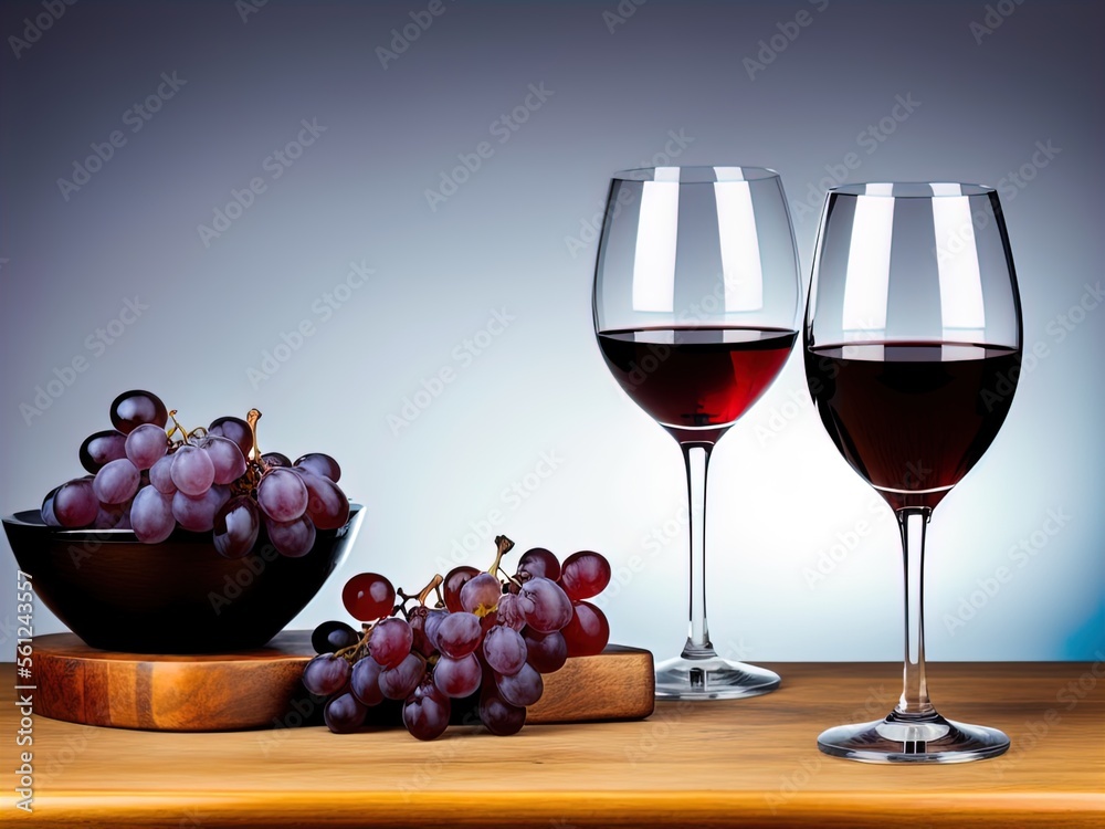 Wineglasses and grapes on a table. 