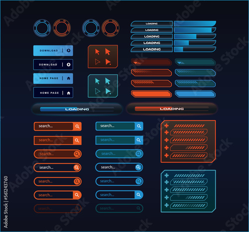 Sci fi futuristic UI elements set, vector icons, buttons, loading progress bar, mouse arrows