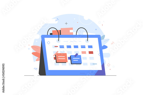 Planning work tasks, filling check list, making schedule using calendar. Event management. performance efficiency, time optimization. Business and organization concept. Vector illustration.