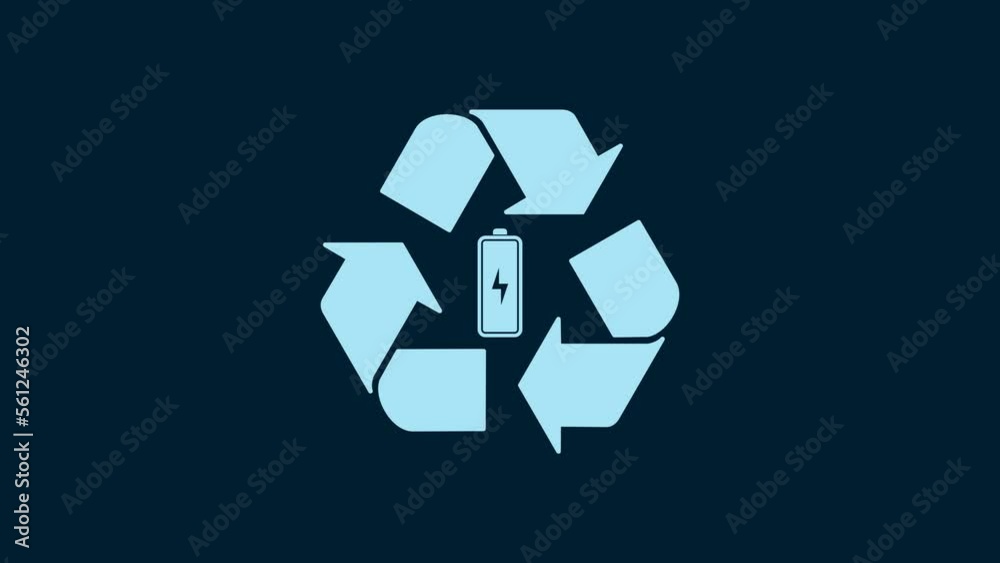 White Battery with recycle symbol line icon isolated on blue background. Battery with recycling symbol - renewable energy concept. 4K Video motion graphic animation White Battery with recycle symbol line icon isolated on blue background. Battery with recycling symbol - renewable energy concept. 4K Video motion graphic animation