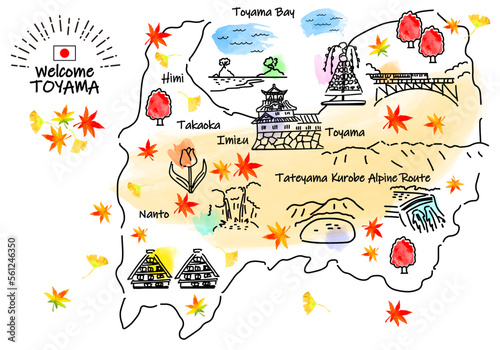 秋の富山県の観光地のシンプル線画イラストマップ