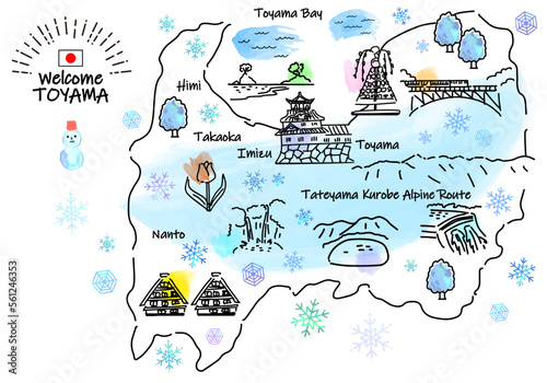 冬の富山県の観光地のシンプル線画イラストマップ