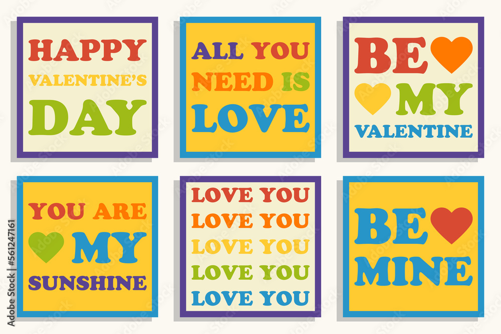 Valentine's Day retro greeting cards in rainbow colors.