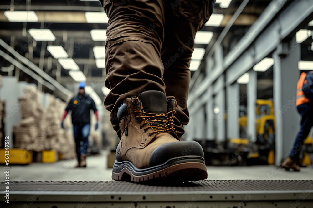Close-up  safety working shoe on a worker feet is standing at the factory, ready for working in danger workplace concept. Industrial working scene and safety equipment. Generative Ai image. - obrazy, fototapety, plakaty 