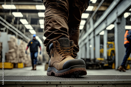 Close-up  safety working shoe on a worker feet is standing at the factory, ready for working in danger workplace concept. Industrial working scene and safety equipment. Generative Ai image. © Nattawit