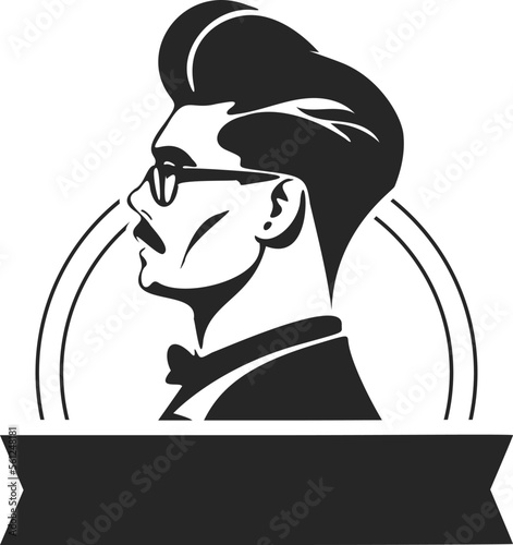 A simple yet powerful black and white logo featuring a stylish man. Minimalist style with clean lines and a simple yet effective design.