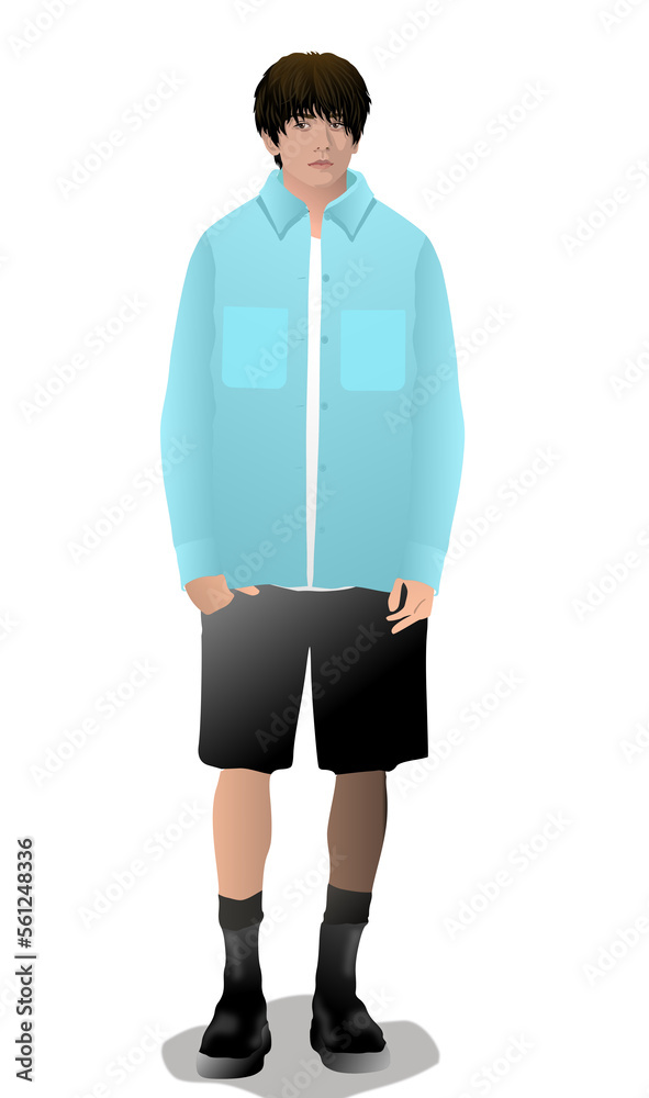 young handsome asian person wear blue shirt & black shorts, standing, full length, front view, realistic minimalistic illustration vector young handsome asian person wear blue shirt & black shorts, standing, full length, front view, realistic minimalistic illustration vector