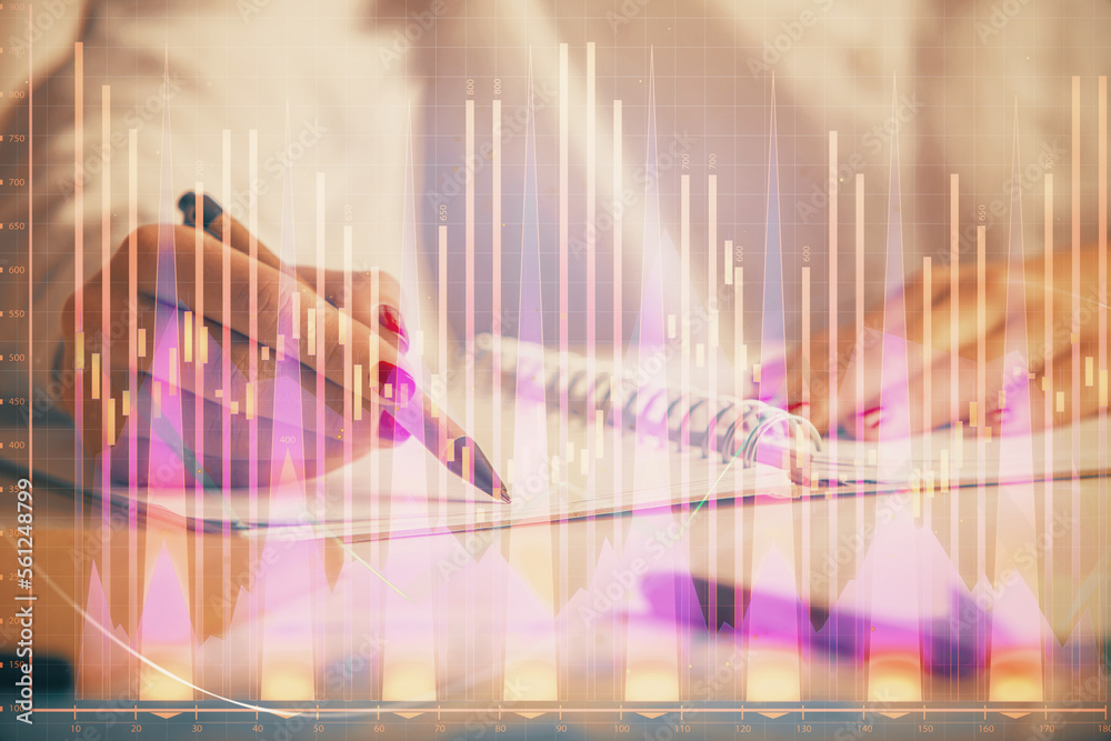 Double exposure of woman's hands making notes with forex graph hologram. Concept stock market analysis. Double exposure of woman's hands making notes with forex graph hologram. Concept stock market analysis.