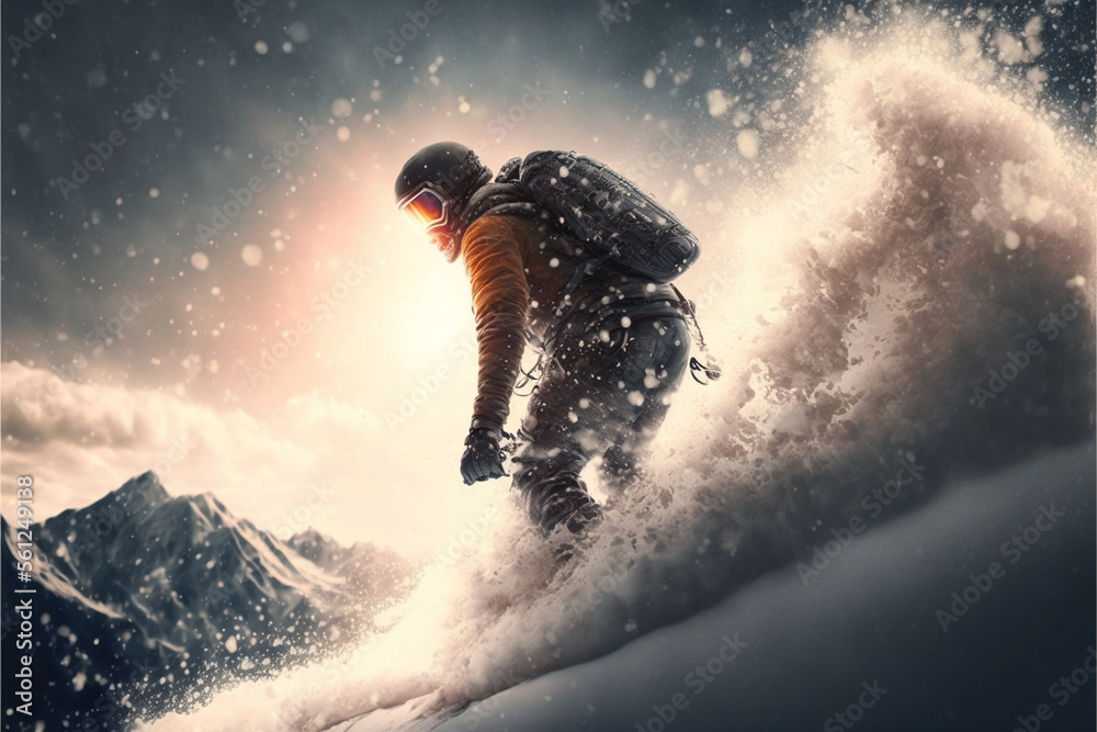 illustration of a snowboarder riding from the slope of a snowy mountain on a snowboard in the rays of the sun, against the backdrop of snowy mountains and an avalanche
