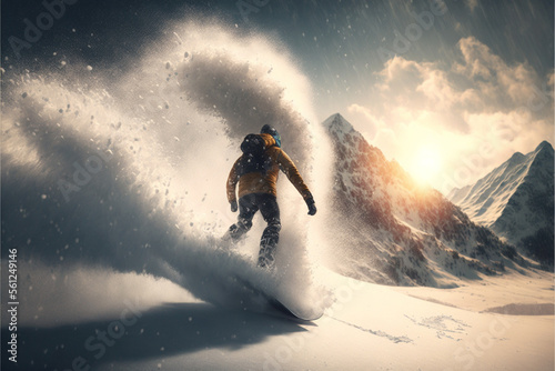 illustration of a snowboarder riding from the slope of a snowy mountain on a snowboard in the rays of the sun, against the backdrop of snowy mountains and an avalanche © barinovalena