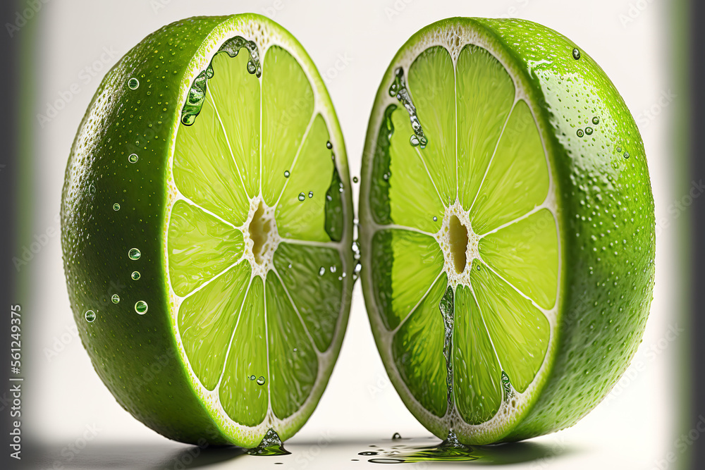Closeup of two green limes that have been split in half and are displayed on a white backdrop