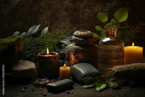 background of the spa center, candles, plants and massage stones. generated AI