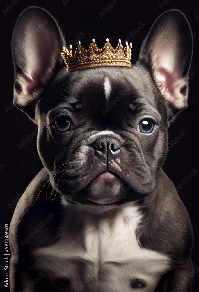 Portait von einer französischen Bulldogge mit einer Krone auf einem Thron  - Ai generiert