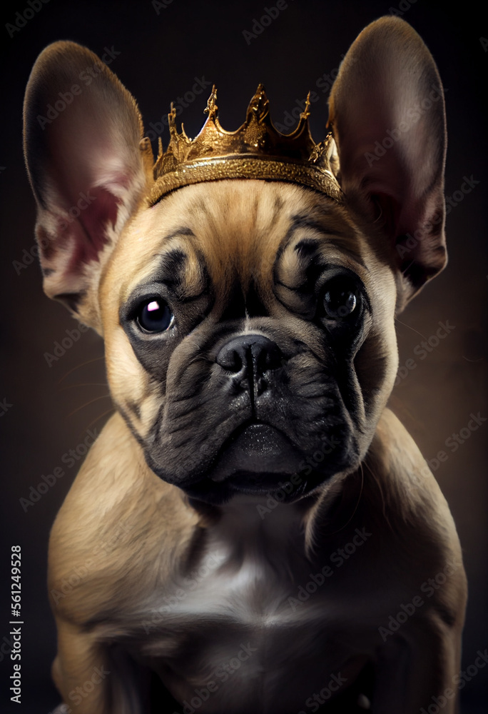 Portait von einer französischen Bulldogge mit einer Krone auf einem Thron  - Ai generiert