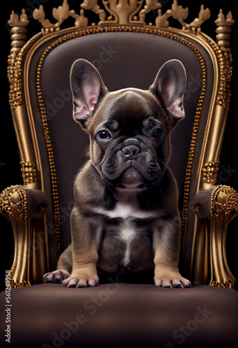 Portait von einer französischen Bulldogge mit einer Krone auf einem Thron  - Ai generiert photo