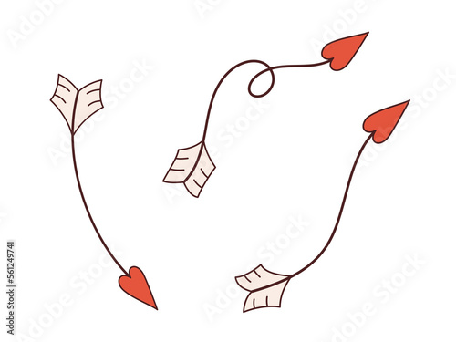 Vector set with curve arrows in y2k style. Happy Valentines day 70s. Retro collection of swirl arrows with heart shaped arrowheads.
