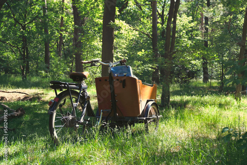 Wooden E-cargo bike parking in a forest  photo