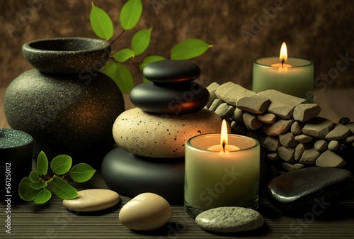 background of the spa center  candles  plants and massage stones. generated AI
