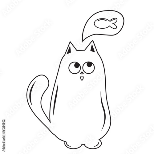Cute cat dreams of food, black outline vector illustration in doodle style