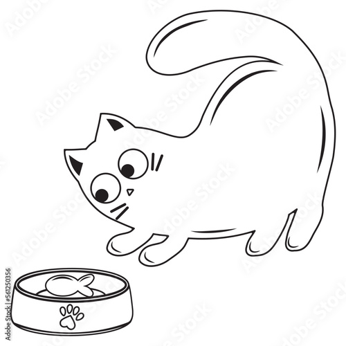 Cute cat with a bowl of food, black outline, vector illustration in doodle style
