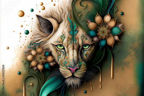 Generative AI illustration of abstract conceptual image of lion portrait with beautfiul colours and design photo
