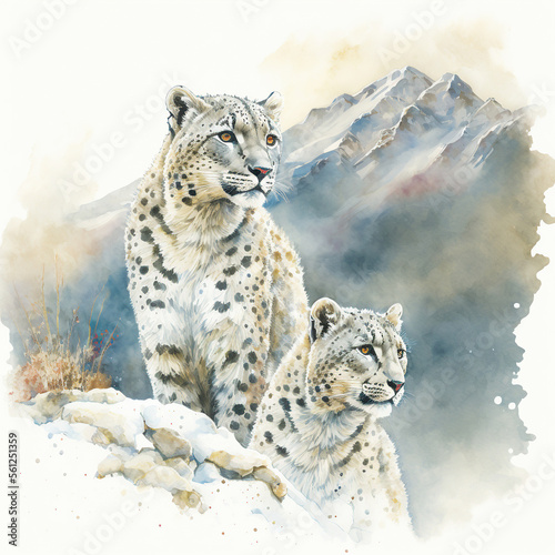 Generative AI illustration of watercolour style image of endangered snow leopard in snow mountain landscape concept image